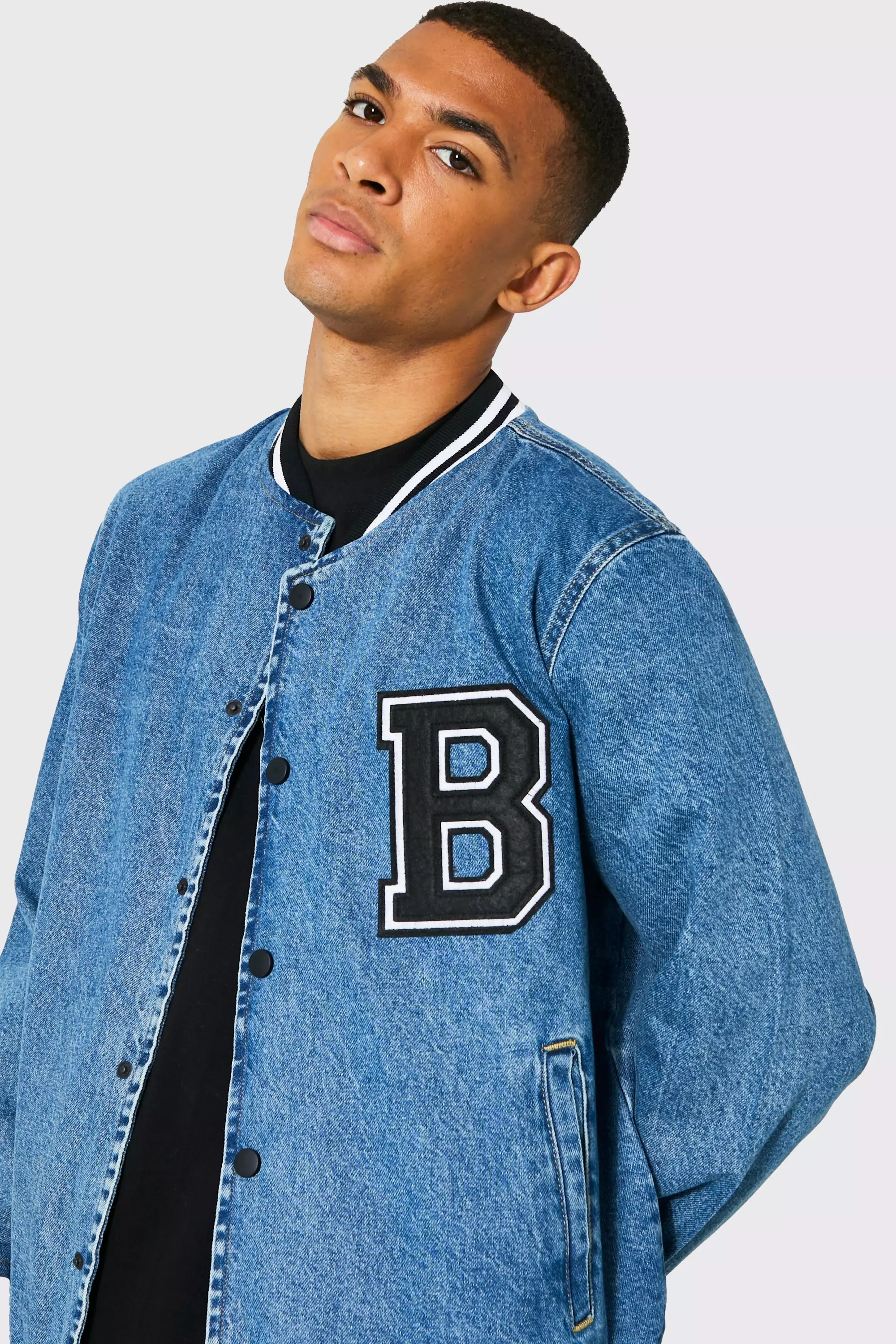 Mens denim hot sale varsity jacket